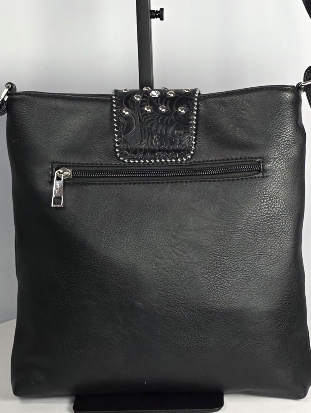 estern Rhinestone Studded Crossbody Tote Black Leather Look Bag - Picture 4 of 4